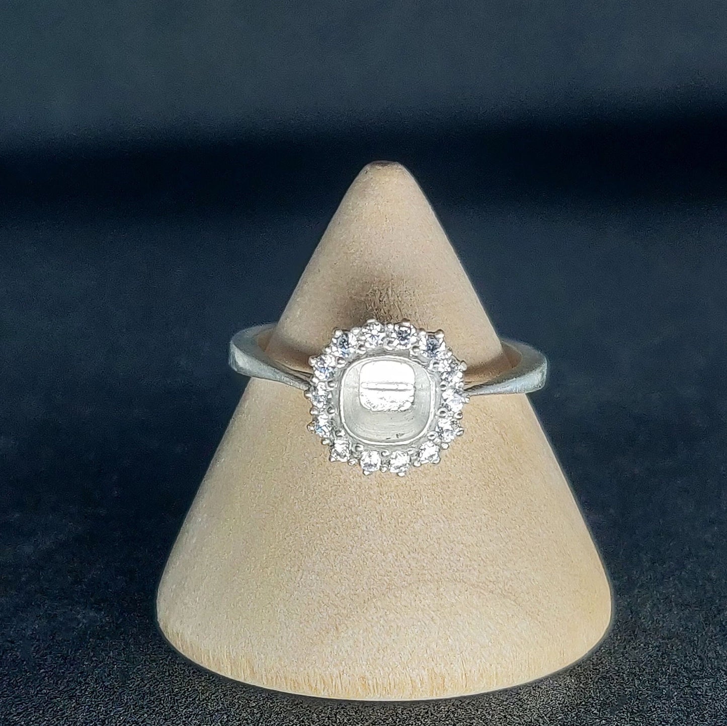 Semi Mount Cushion Halo Ring with Cubic Zirconia Pave Setting in Silver