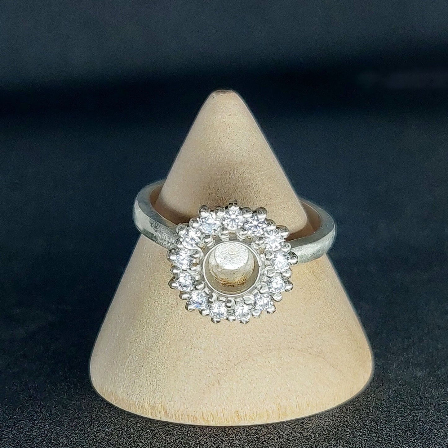 Argentium or Sterling Silver Semi Mount Halo Ring with Cubic Zirconia Pave Setting