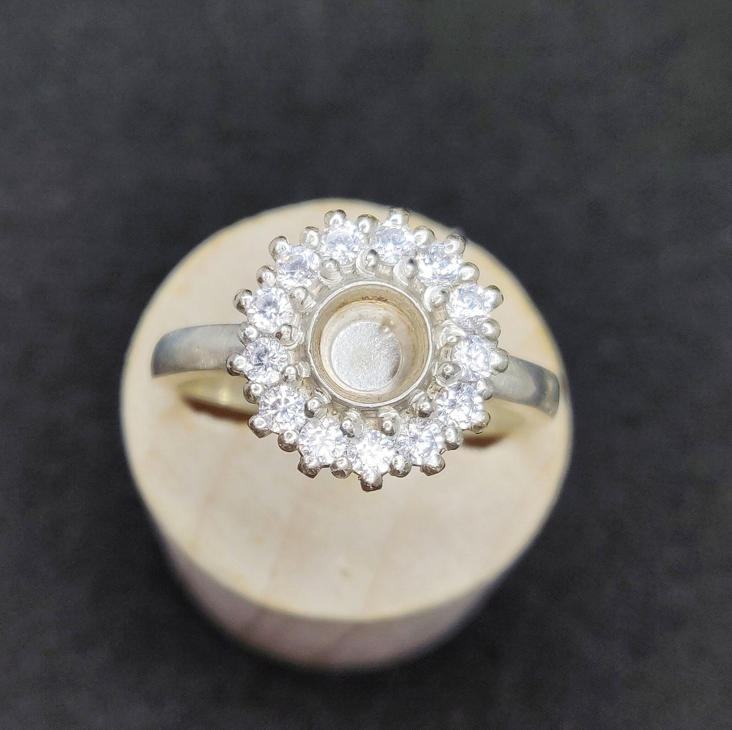 Argentium or Sterling Silver Semi Mount Halo Ring with Cubic Zirconia Pave Setting