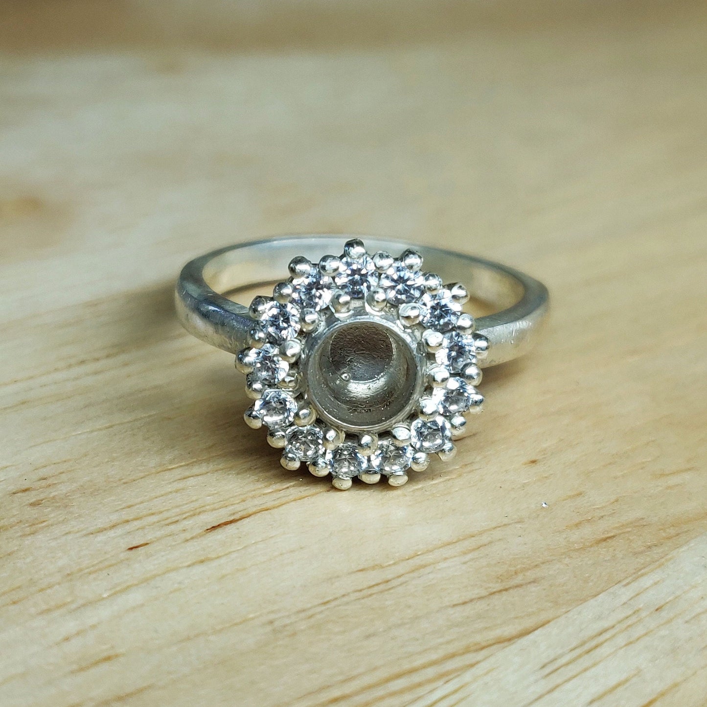 Argentium or Sterling Silver Semi Mount Halo Ring with Cubic Zirconia Pave Setting