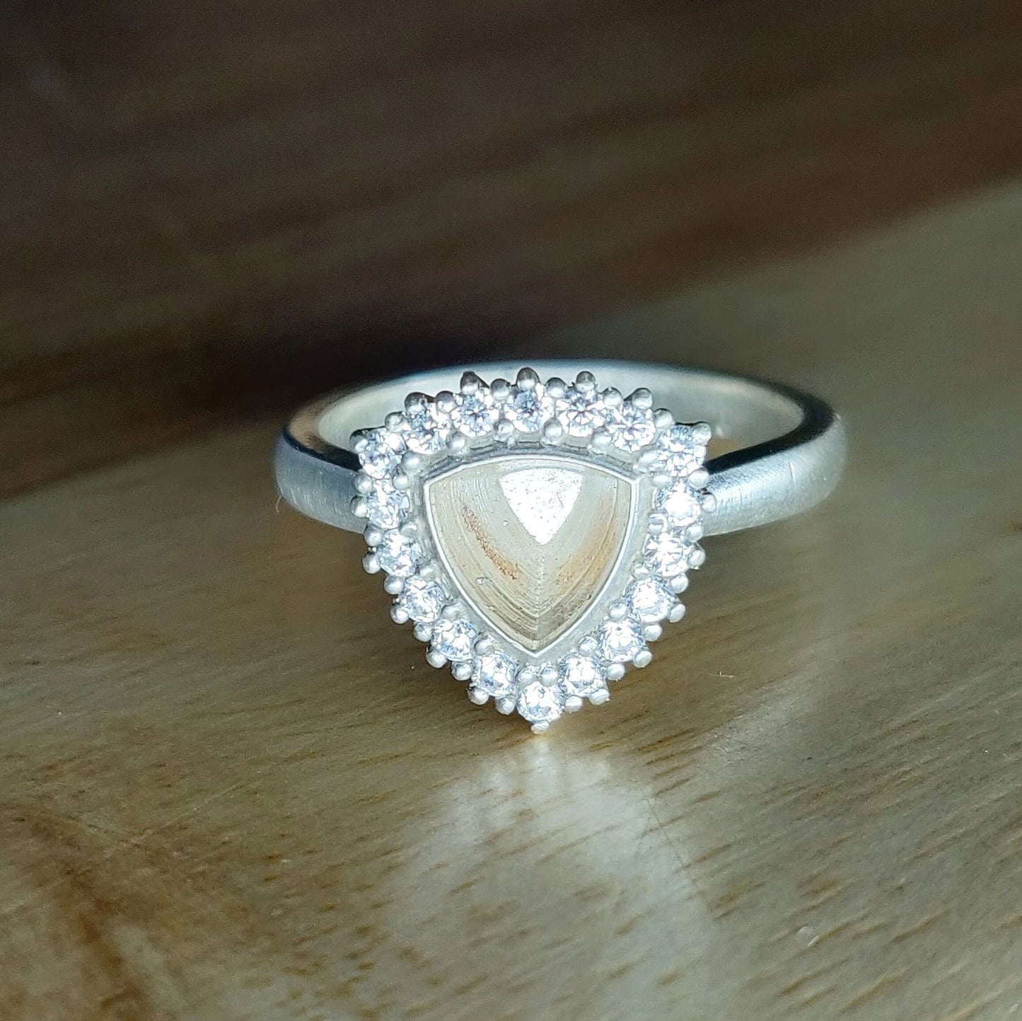 Elegant Trillion Cut Silver Halo Ring with Pave Cubic Zirconia Cluster