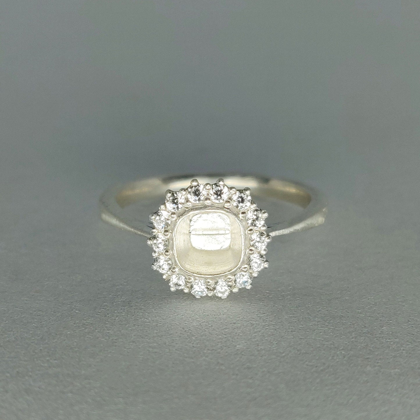 Semi Mount Cushion Halo Ring with Cubic Zirconia Pave Setting in Silver