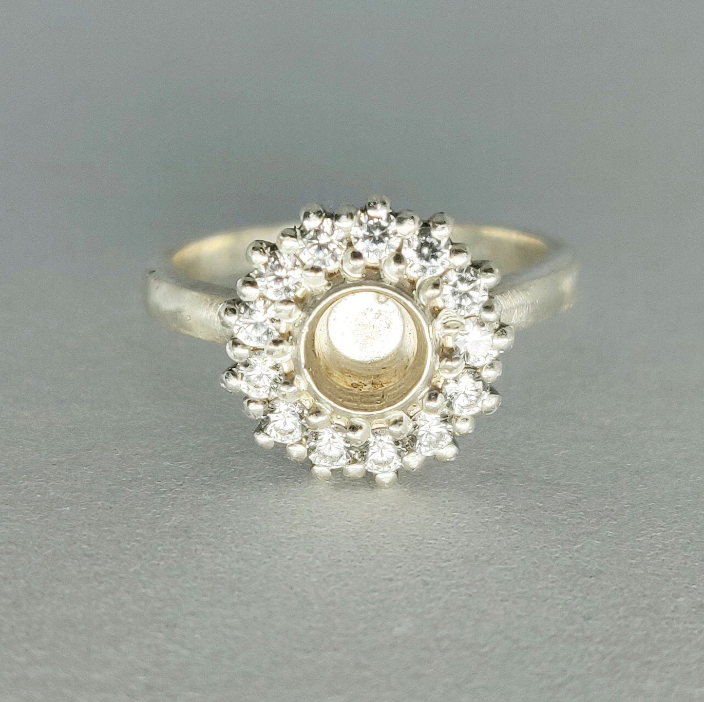 Argentium or Sterling Silver Semi Mount Halo Ring with Cubic Zirconia Pave Setting