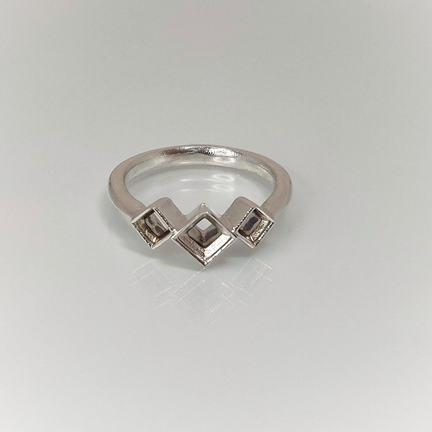 3 Stone Argentium Sterling Silver Princess Cut Bezel Ring Setting with Square Rubover Design