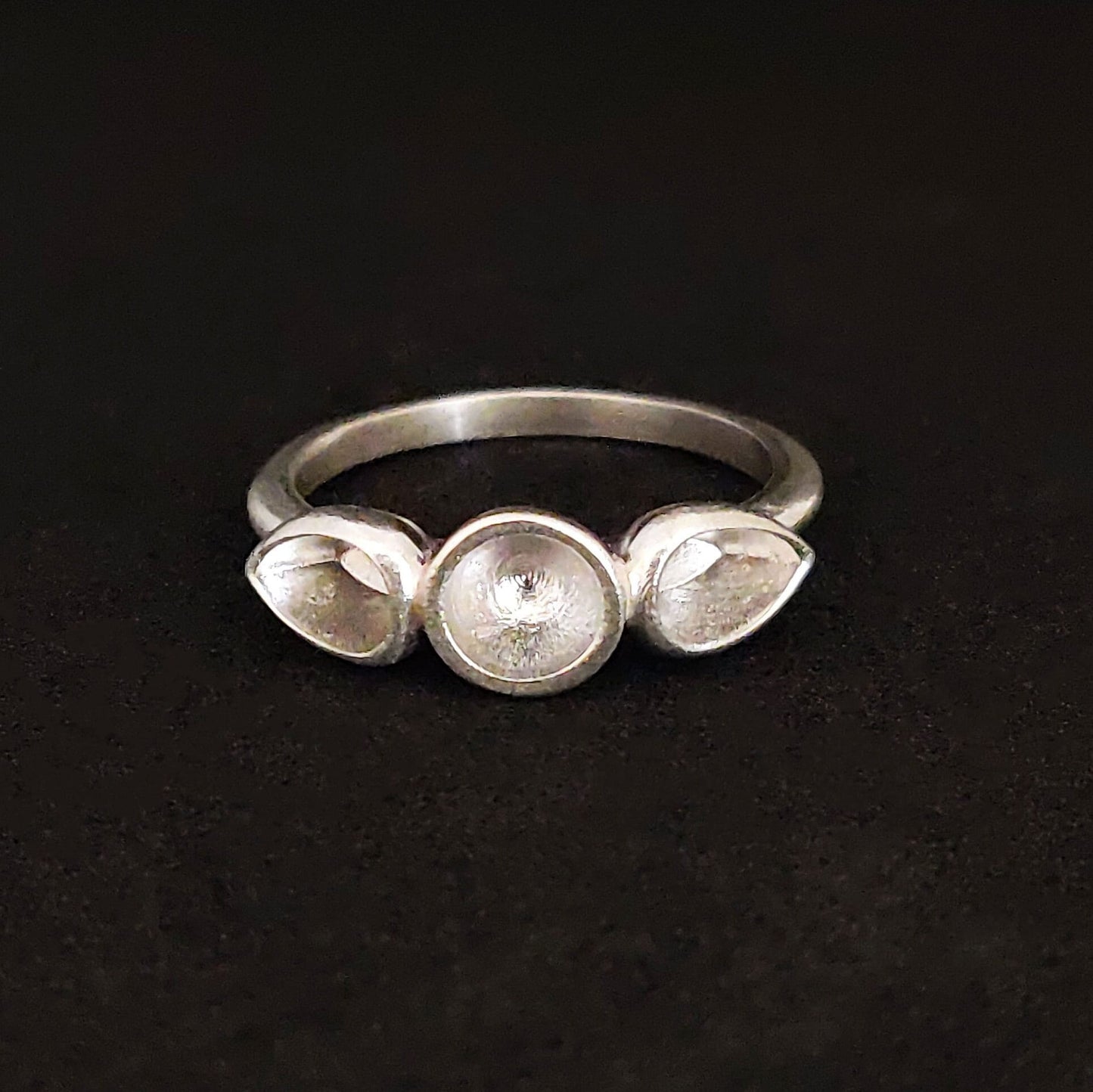 3 stone Silver Cup Bezel Ring Setting. Round Sealed Cup Rubover Bezel. Pear, Round, Pear Setting. Argentium Sterling Silver Stacking Ring.