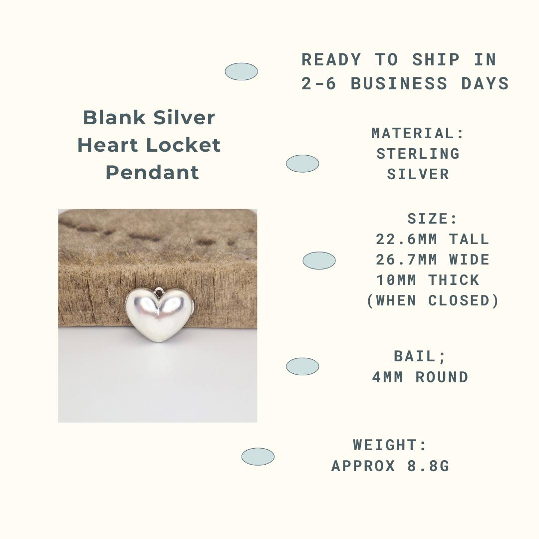 An infographic for a blank silver heart locket pendant. The left side features an image of a closed silver heart locket resting on a textured wooden block. The right side lists product details: "Ready to ship in 2-6 business days," "Material: Sterling Silver," "Size: 22.6mm tall, 26.7mm wide, 10mm thick (when closed)," "Bail: 4mm round," and "Weight: Approx 8.8g."