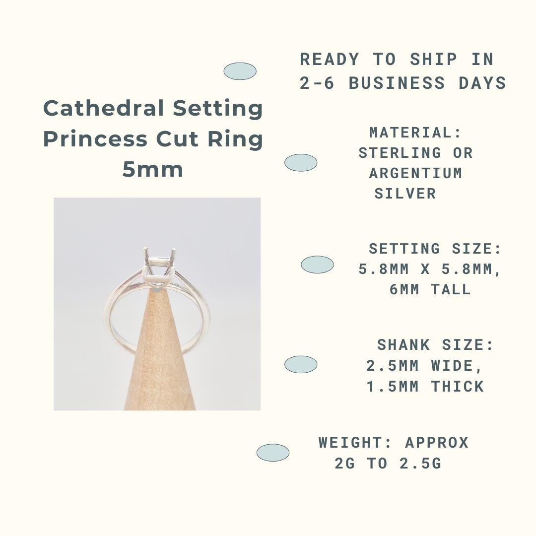 An infographic with the title "Cathedral Setting Princess Cut Ring 5mm". Text details include "READY TO SHIP IN 2-6 BUSINESS DAYS", "MATERIAL: STERLING OR ARGENTIUM SILVER", "SETTING SIZE: 5.8MM X 5.8MM, 6MM TALL", "SHANK SIZE: 2.5MM WIDE, 1.5MM THICK", and "WEIGHT: APPROX 2G TO 2.5G". A photo of the silver ring blank on a conical wooden holder is also included.