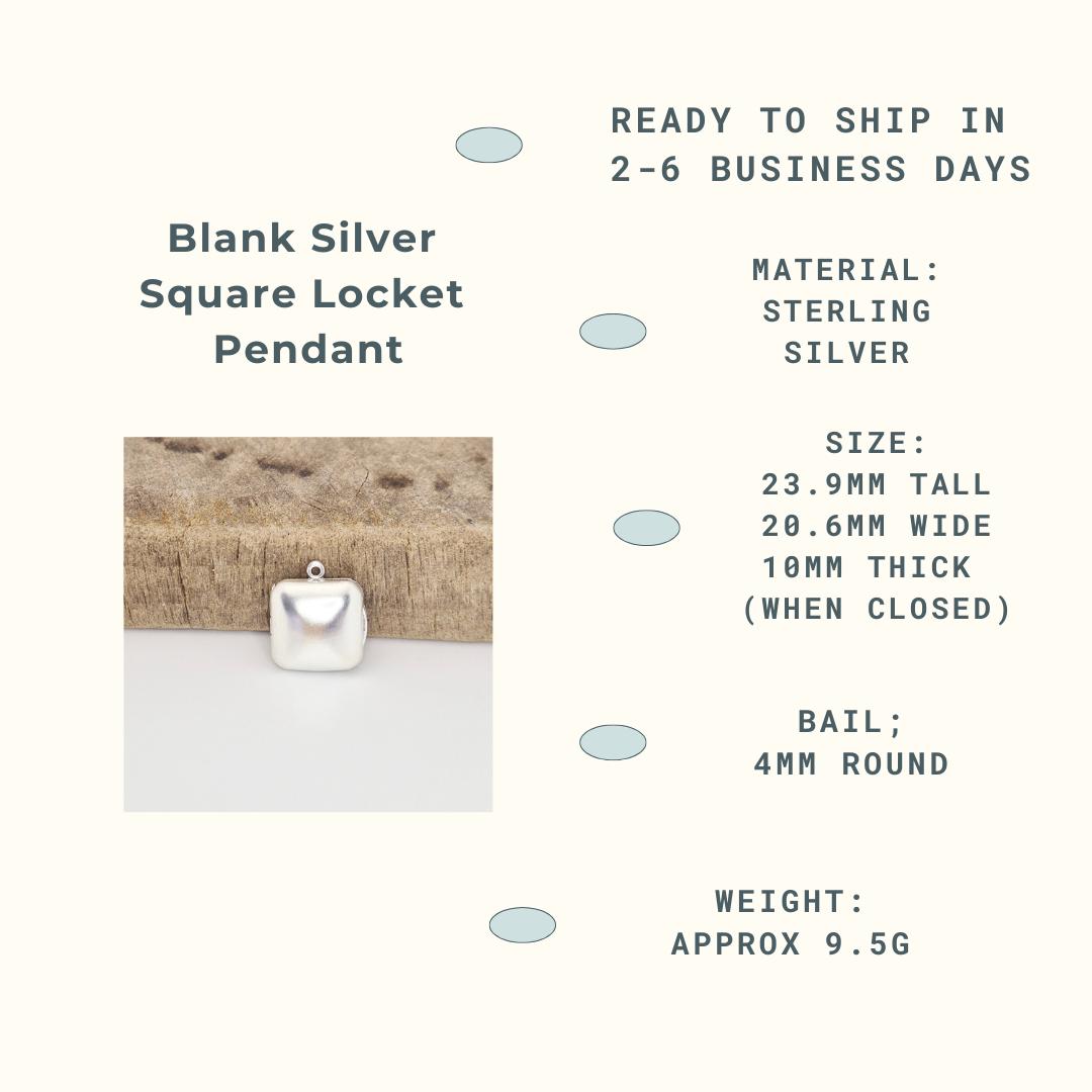 An infographic titled 'Blank Silver Square Locket Pendant'. It states 'Ready to ship in 2-6 business days' and lists material as 'Sterling Silver'. Size is 23.9mm tall, 20.6mm wide, 10mm thick (when closed). Bail is 4mm round. Weight is approx 9.5g. A small photo of the closed locket on a rustic wood block is included.
