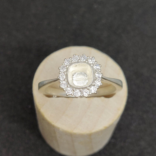 Semi Mount Cushion Halo Ring with Cubic Zirconia Pave Setting in Silver