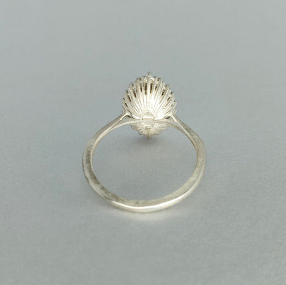 Rear View of Bezel Set Cluster Marquise Semi Mount Cluster Multistone Silver Ring on a White Background.