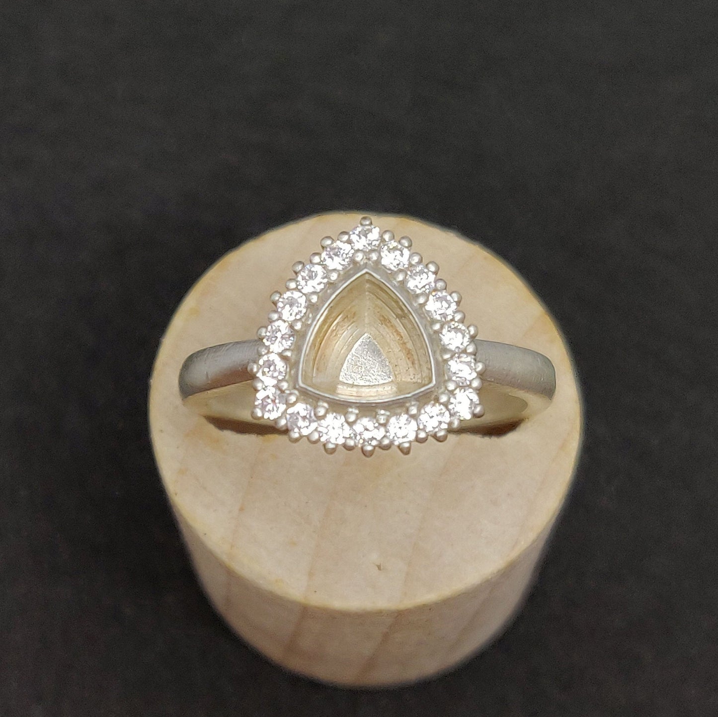 Elegant Trillion Cut Silver Halo Ring with Pave Cubic Zirconia Cluster