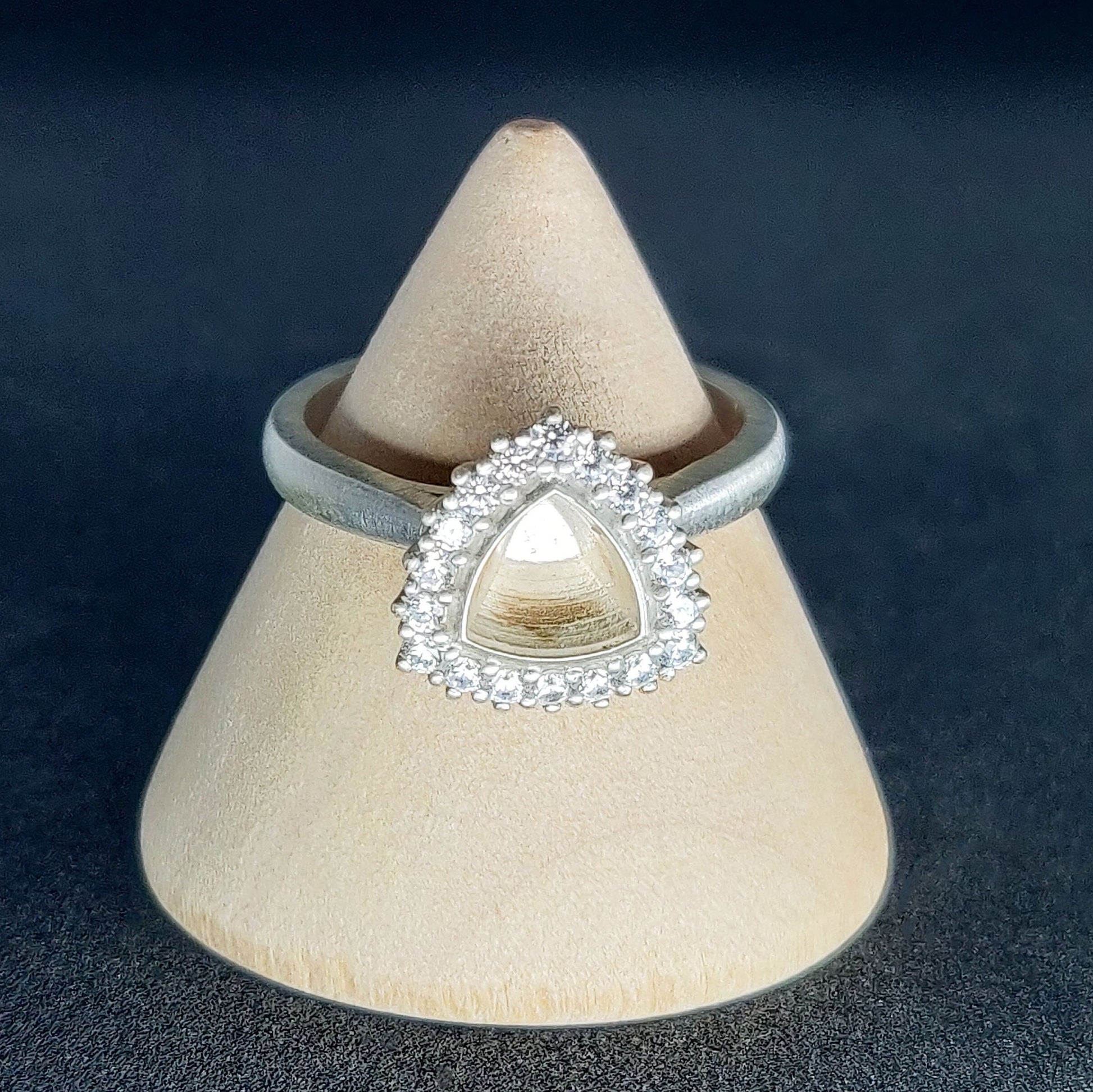 Elegant Trillion Cut Silver Halo Ring with Pave Cubic Zirconia Cluster
