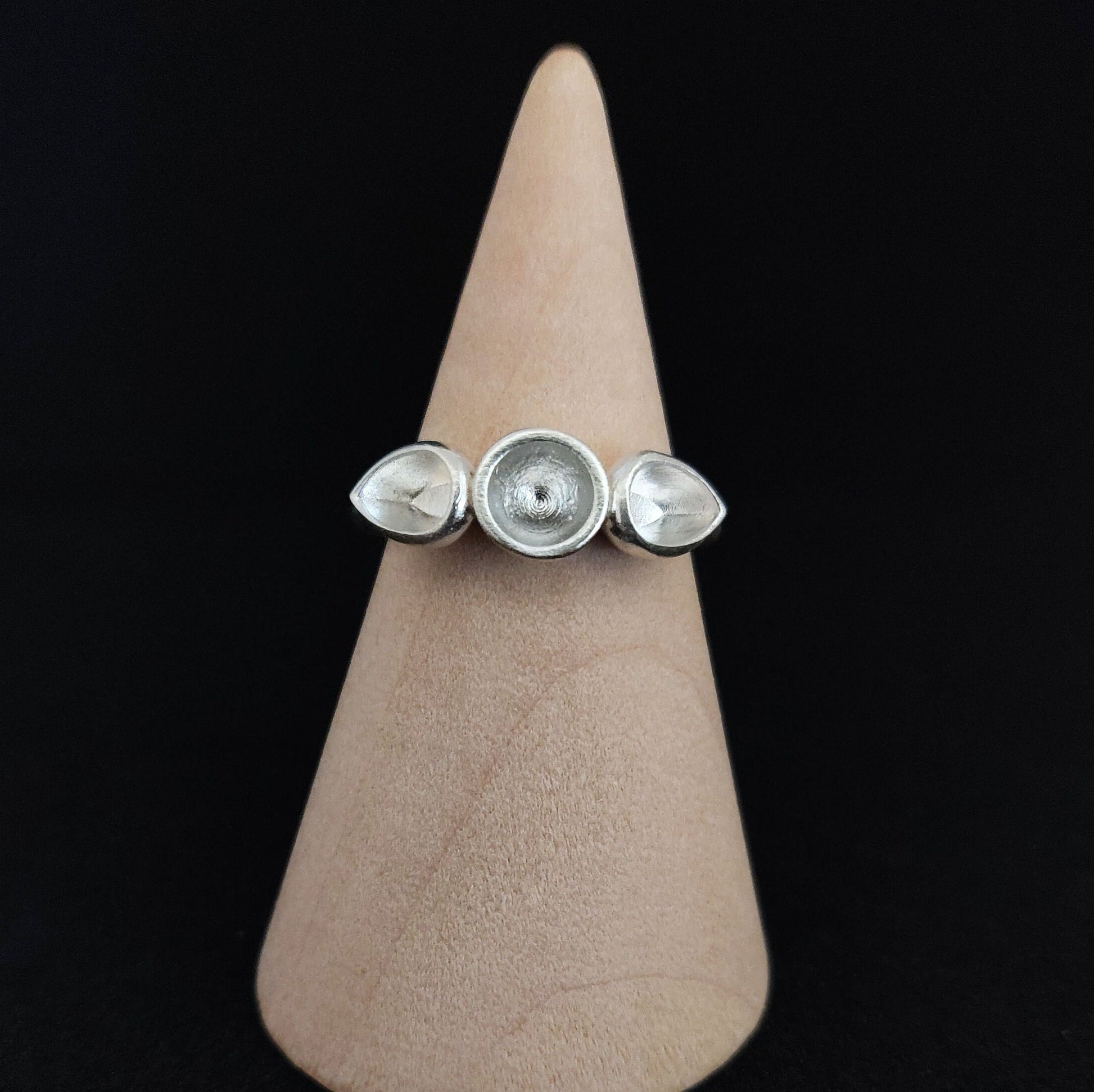 3 Stone Silver Cup Bezel Ring With Pear and Round Settings