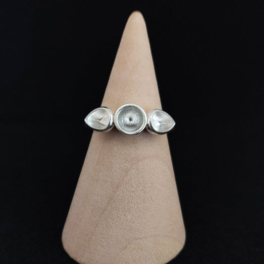 3 Stone Silver Cup Bezel Ring With Pear and Round Settings