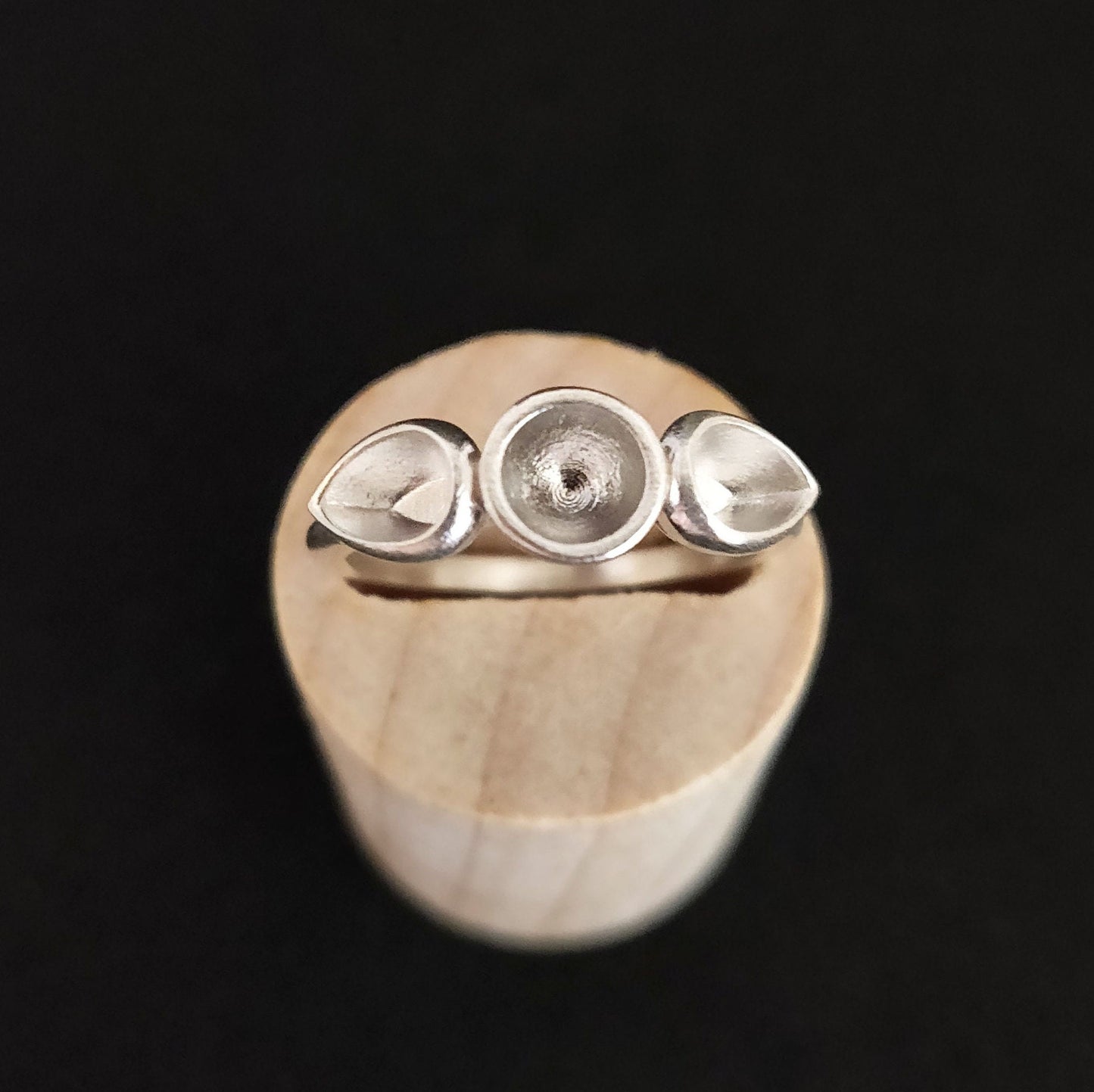 3 stone Silver Cup Bezel Ring Setting. Round Sealed Cup Rubover Bezel. Pear, Round, Pear Setting. Argentium Sterling Silver Stacking Ring.