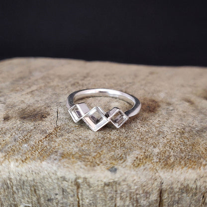 3 Stone Argentium Sterling Silver Princess Cut Bezel Ring Setting with Square Rubover Design