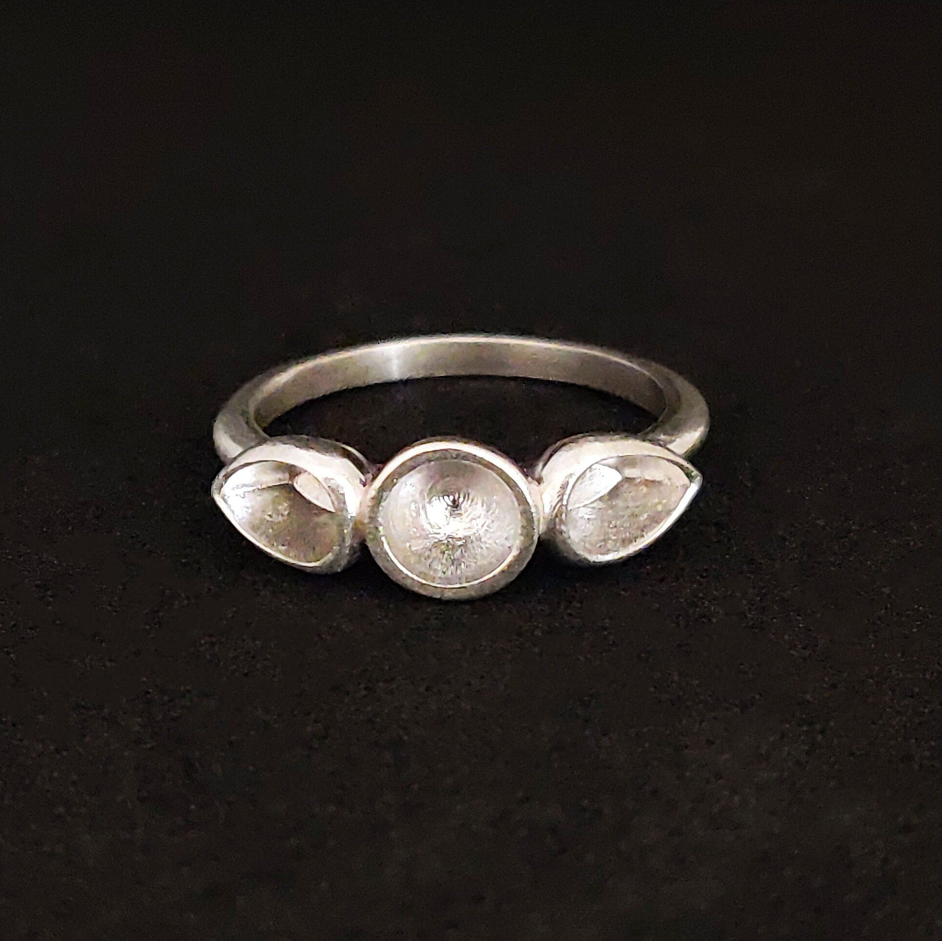 3 Stone Silver Cup Bezel Ring With Pear and Round Settings