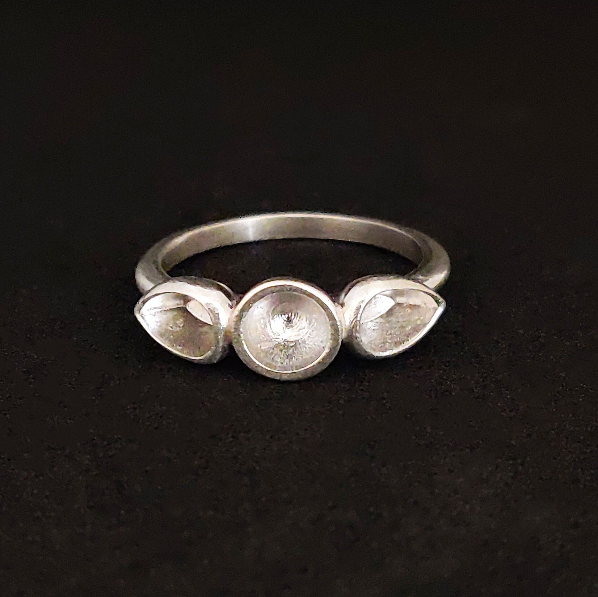 3 stone Silver Cup Bezel Ring Setting. Round Sealed Cup Rubover Bezel. Pear, Round, Pear Setting. Argentium Sterling Silver Stacking Ring.