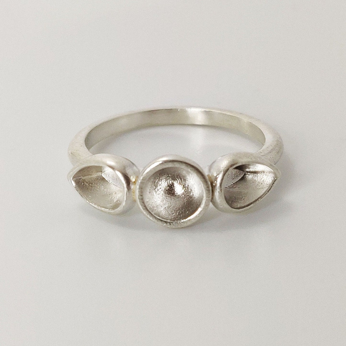 3 Stone Silver Cup Bezel Ring With Pear and Round Settings