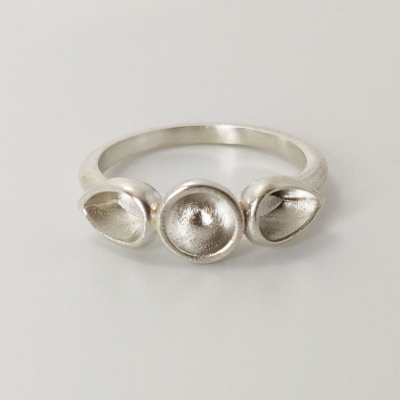 3 stone Silver Cup Bezel Ring Setting. Round Sealed Cup Rubover Bezel. Pear, Round, Pear Setting. Argentium Sterling Silver Stacking Ring.