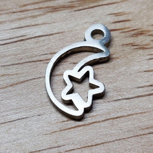 Silver Moon and Star Dangle Charm for Bracelets and Anklets, Jewelry Making Charm