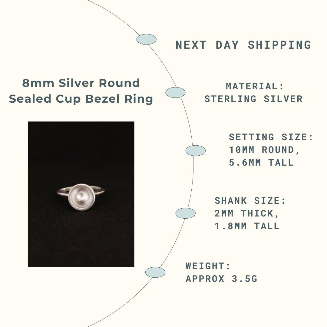 8mm Sterling Silver Cup Bezel Ring for Jewelry Making, Gem Setting and Resin Casting