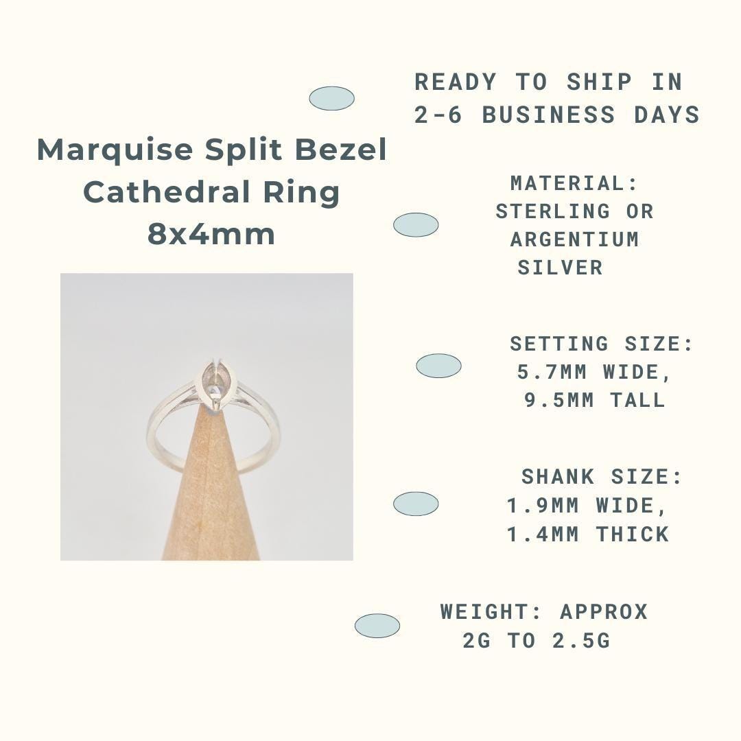 Infographic for a Marquise Split Bezel Cathedral Ring 8x4mm, featuring a silver ring blank on a conical wooden holder with product details: ready to ship in 2-6 business days, made of sterling or argentium silver, setting size 5.7mm wide, 9.5mm tall, shank size 1.9mm wide, 1.4mm thick, and approximate weight 2g to 2.5g