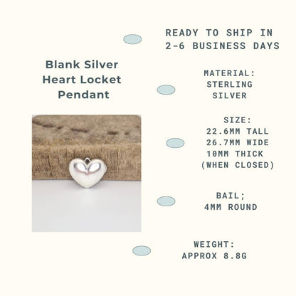 An infographic for a blank silver heart locket pendant. The left side features an image of a closed silver heart locket resting on a textured wooden block. The right side lists product details: "Ready to ship in 2-6 business days," "Material: Sterling Silver," "Size: 22.6mm tall, 26.7mm wide, 10mm thick (when closed)," "Bail: 4mm round," and "Weight: Approx 8.8g."