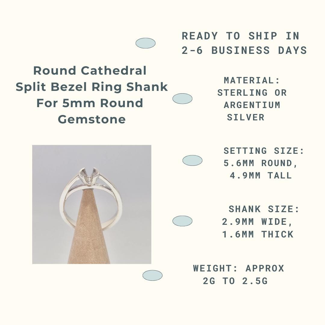 An infographic titled &quot;Round Cathedral Split Bezel Ring Shank For 5mm Round Gemstone.&quot; The infographic includes a photo of a silver ring blank on a conical wooden holder, and text details such as &quot;READY TO SHIP IN 2-6 BUSINESS DAYS,&quot; &quot;MATERIAL: STERLING OR ARGENTIUM SILVER,&quot; &quot;SETTING SIZE: 5.6MM ROUND, 4.9MM TALL,&quot; &quot;SHANK SIZE: 2.9MM WIDE, 1.6MM THICK,&quot; and &quot;WEIGHT: APPROX 2G TO 2.5G