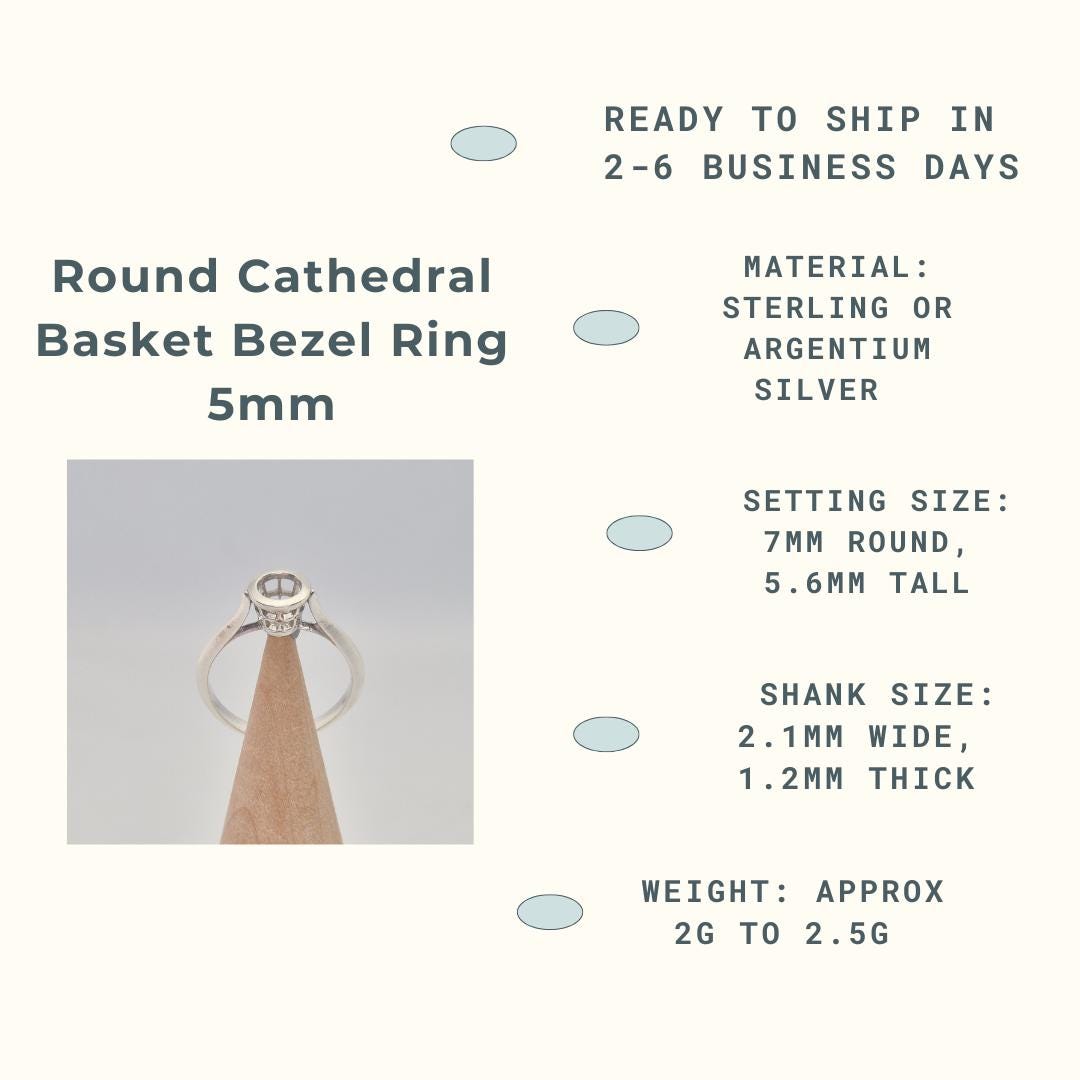 An infographic titled &quot;Round Cathedral Basket Bezel Ring 5mm.&quot; It features a photo of a silver ring blank with an empty round bezel setting, displayed on a conical wooden holder. The accompanying text provides product specifications: &quot;READY TO SHIP IN 2-6 BUSINESS DAYS,&quot; &quot;MATERIAL: STERLING OR ARGENTIUM SILVER,&quot; &quot;SETTING SIZE: 7MM ROUND, 5.6MM TALL,&quot; &quot;SHANK SIZE: 2.1MM WIDE, 1.2MM THICK,&quot; and &quot;WEIGHT: APPROX 2G TO 2.5G.