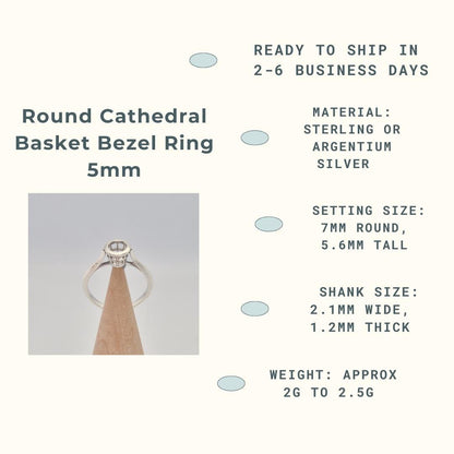 An infographic titled "Round Cathedral Basket Bezel Ring 5mm." It features a photo of a silver ring blank with an empty round bezel setting, displayed on a conical wooden holder. The accompanying text provides product specifications: "READY TO SHIP IN 2-6 BUSINESS DAYS," "MATERIAL: STERLING OR ARGENTIUM SILVER," "SETTING SIZE: 7MM ROUND, 5.6MM TALL," "SHANK SIZE: 2.1MM WIDE, 1.2MM THICK," and "WEIGHT: APPROX 2G TO 2.5G.