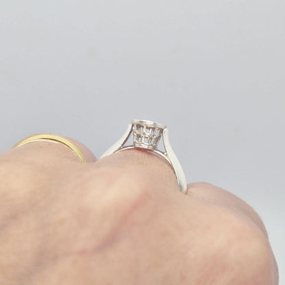 Close-up of a hand wearing a silver ring setting with an empty round bezel, viewed from the side. The ring is positioned on the finger, highlighting its profile and basket design.