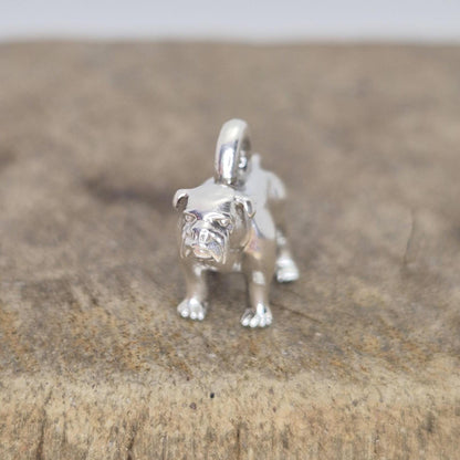 Polished silver bulldog charm shown from the front on a wooden surface, highlighting the detailed face and solid sculpted form.