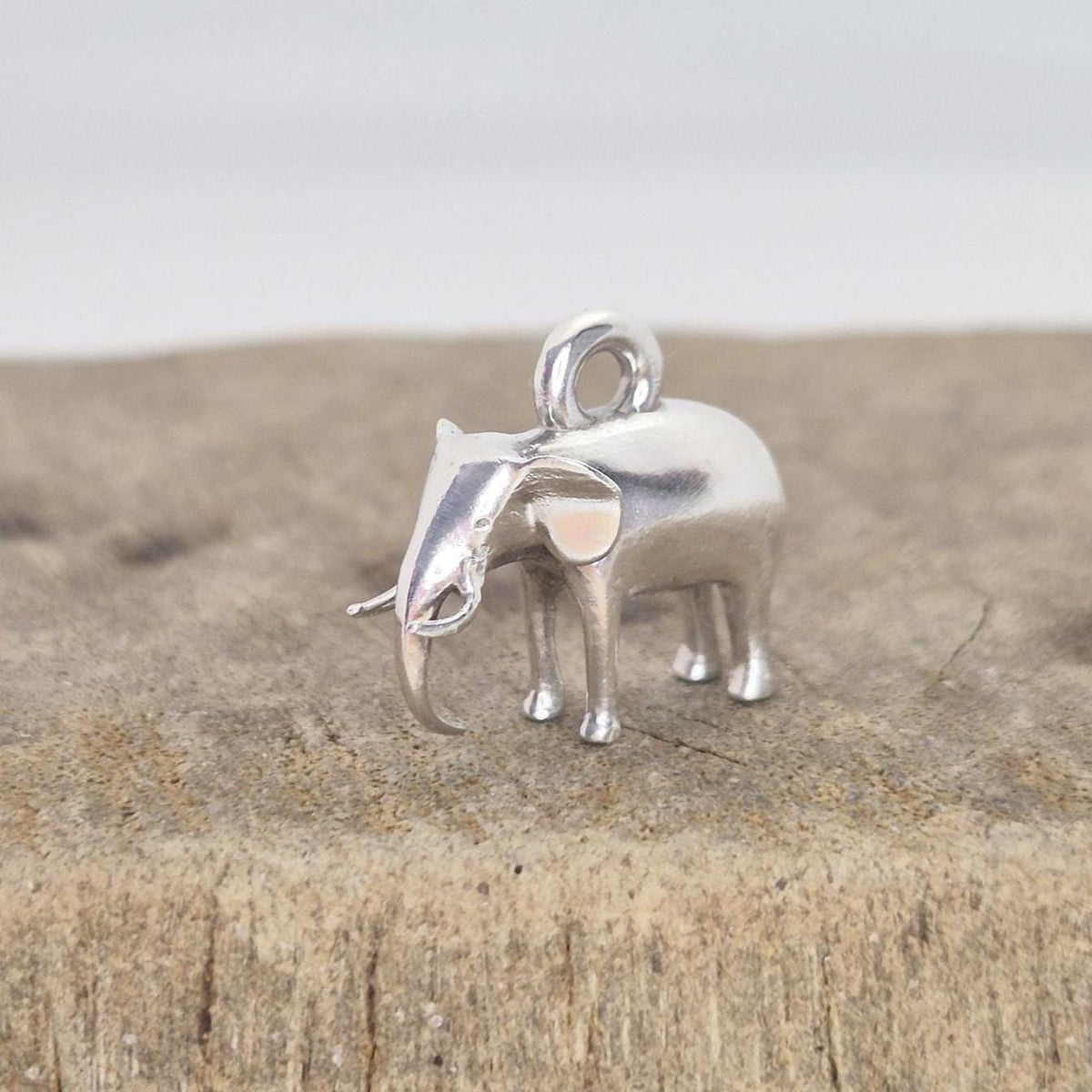 Silver elephant charm displayed on a wooden surface, photographed from the side to show scale and surface texture contrast.