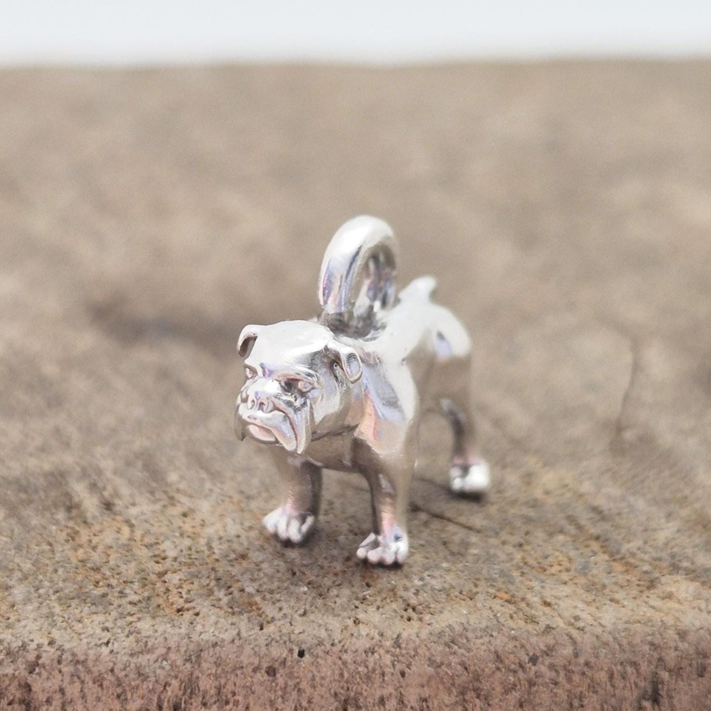 Silver bulldog charm displayed on a wooden block, photographed from the front to show scale and surface polish.