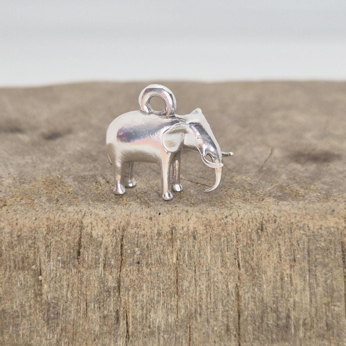 Silver elephant charm displayed on a wooden surface, photographed from the side to show scale and surface texture contrast.
