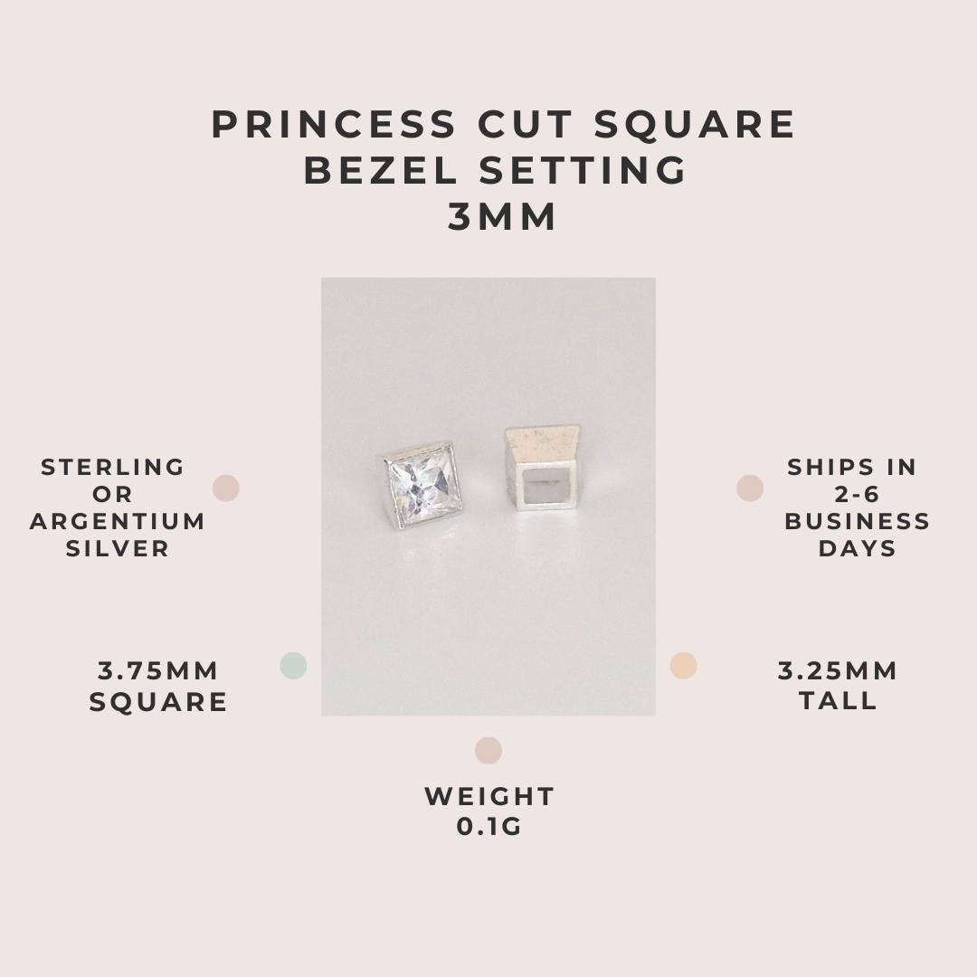 Princess cut square bezel setting 3mm in sterling or Argentium silver with dimensions, weight and dispatch details