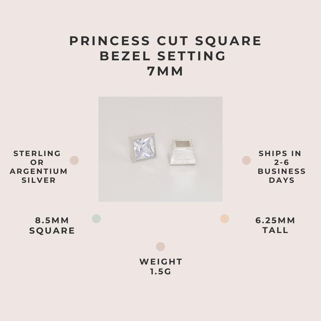 7mm princess cut square bezel setting in sterling or Argentium silver, 1.5g weight, 8.5mm square, 6.25mm tall, ships in 2–6 business days.