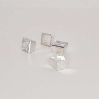7mm princess cut square bezel setting components in sterling silver showing front and side profiles.