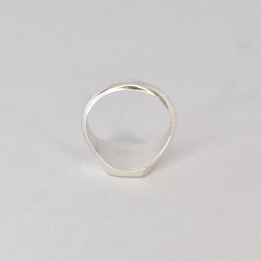 Rear view of silver signet ring showing band shape and tapered underside