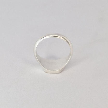 Rear view of silver signet ring showing band shape and tapered underside