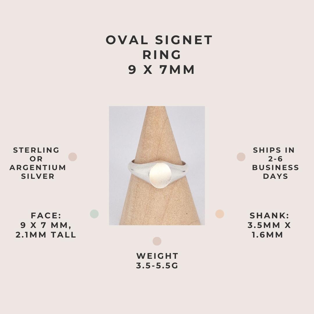 Oval signet ring product infographic showing dimensions, weight, metal options and shipping details