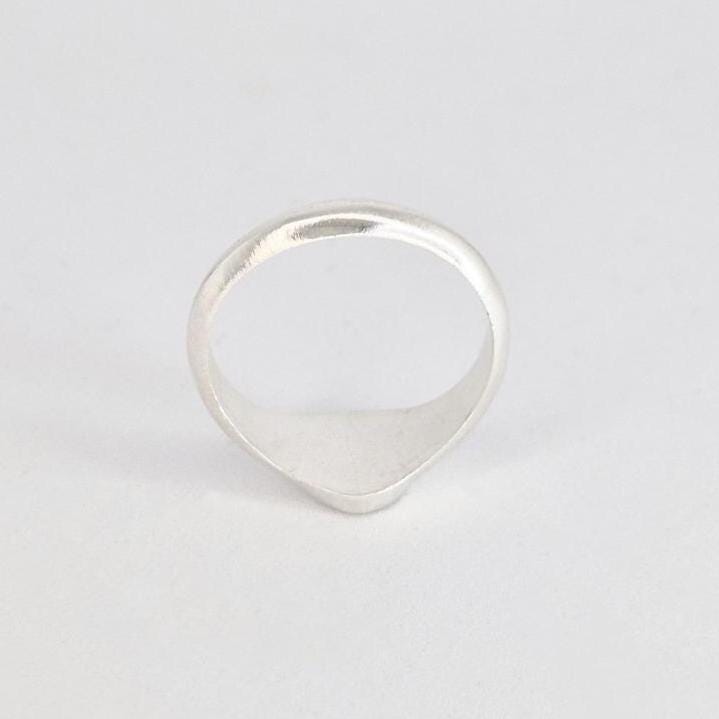 Rear view of oval signet ring highlighting band shape and taper toward the face