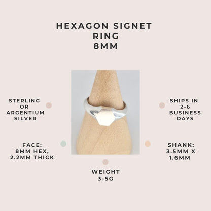 Hexagon signet ring 8mm in sterling or Argentium silver with specifications: 8mm face, 2.2mm thick, 3–5g weight, 3.5mm x 1.6mm shank, ships in 2–6 days