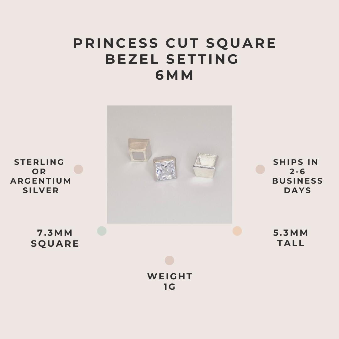 Princess cut square bezel setting 6mm in sterling or Argentium silver with dimensions, weight (1g), and dispatch time details.