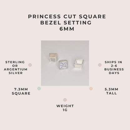 Princess cut square bezel setting 6mm in sterling or Argentium silver with dimensions, weight (1g), and dispatch time details.
