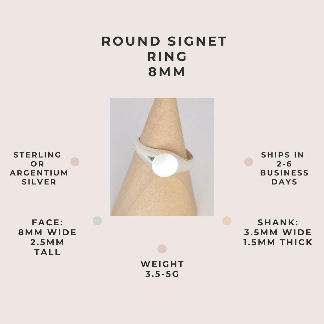 Round signet ring 8mm specifications infographic, sterling or argentium silver, dimensions and weight details