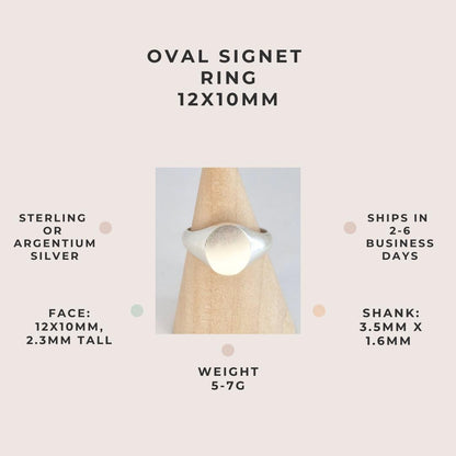 Product infographic for a handmade oval signet ring measuring 12x10mm, available in sterling or Argentium silver with 2–6 day dispatch.