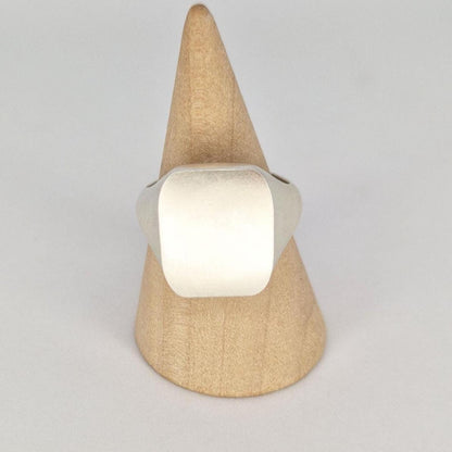 Cushion signet ring displayed on a wooden cone ring stand, featuring a flat 18x16mm rectangular face and matte brushed finish.