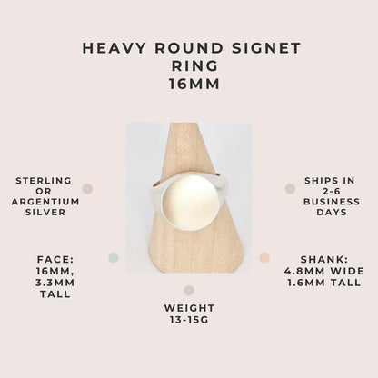 Heavy round signet ring 16mm specifications, sterling or argentium silver, size and weight details